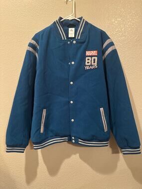NWOT Disney Parks Marvel 80th Year Anniversary Blue Letterman Bomber Jacket L
